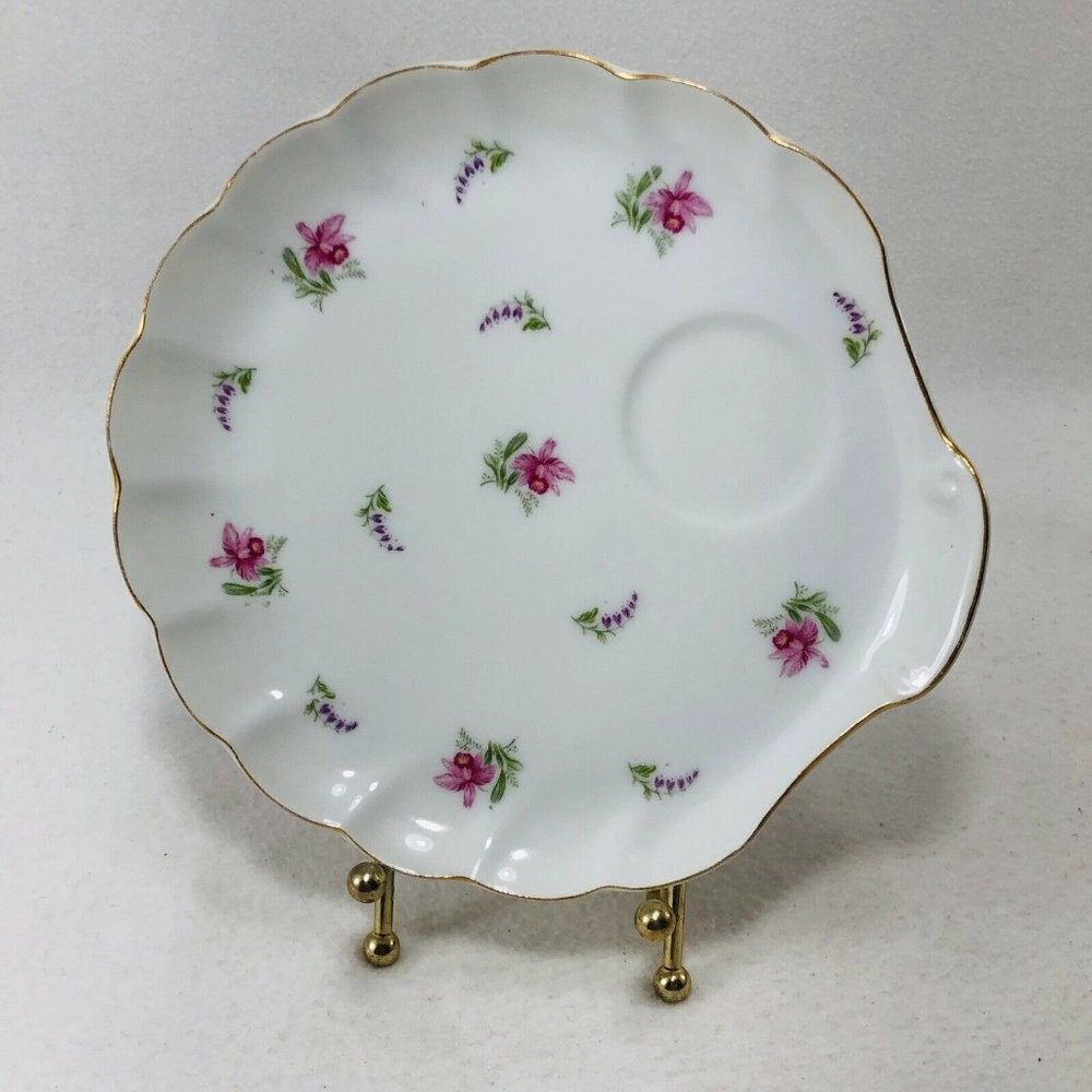 Vintage Japan Wako Teacup Saucer 8” Cup Holder Plate Scallop Pink Flower Gold